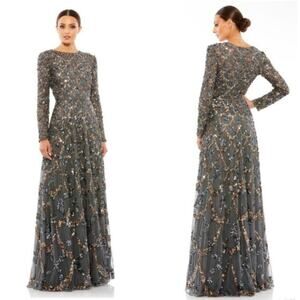 Mac Duggal Charcoal Embellished Illusion High Neck L/S A Line Gown [ 24 ]‎